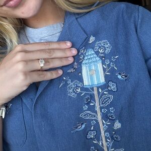 BonWorth Blue Button Down Shirt with Embroidered Birdhouse Design
